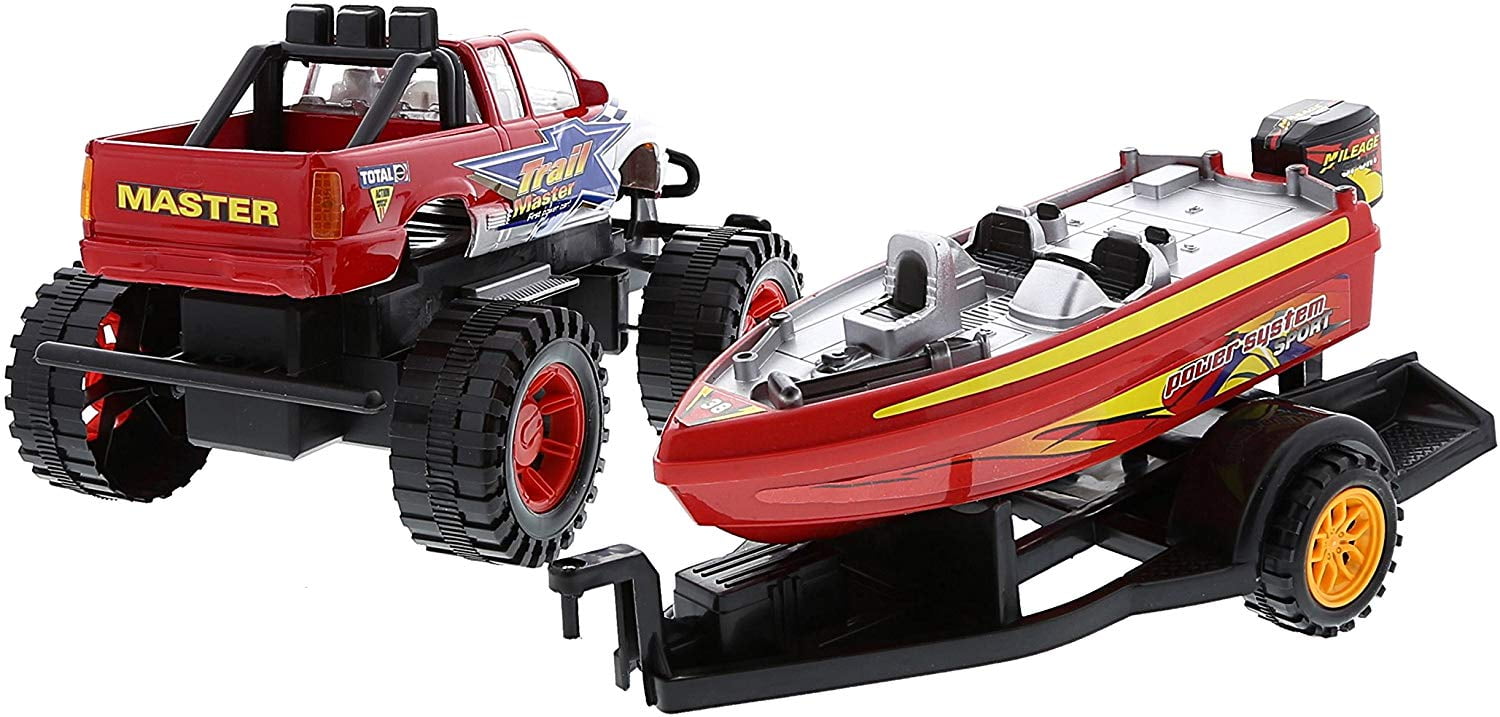 Mozlly Monster Truck Toys Set with Trailer Toy Boat - Friction Powered Hauling Truck and Trailer Toy, Big Toy Monster Truck with Boat, Adventure Truck Pulling Boat Toy Monster Trucks for Kids - 9 Inch