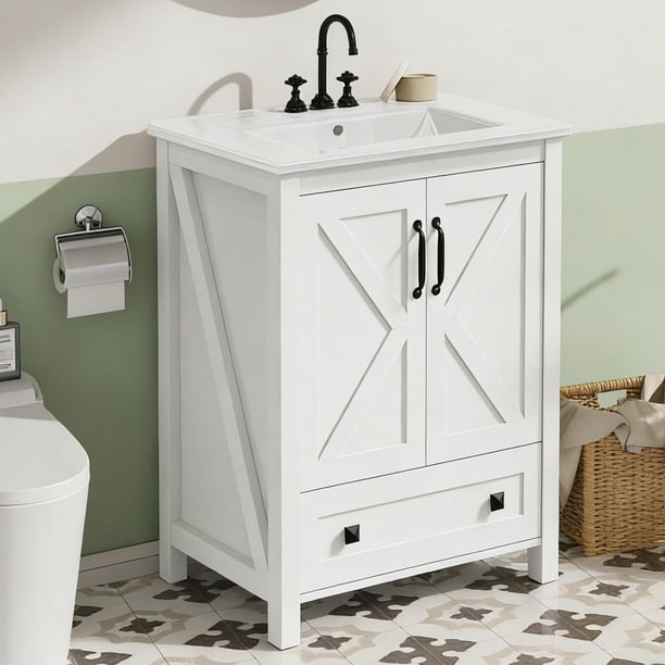QinaQin Mueble para baño de 24 pulgadas con lavabo de cerámica, gabinete independiente con puerta de cierre suave y cajón amplio, ideal para organizar y renovar tu baño