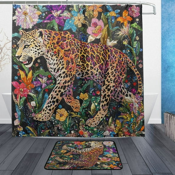 BZSMCE Shower Curtain and Bath Accessory Set,Leopard in Glittering Garden Pattern