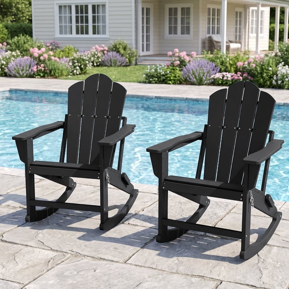 FOOWIN Folding Rocking Adirondack Chair Set of 2, HDPE Plastic Rocking Chairs for Patio Porch Rocker Chair, Black