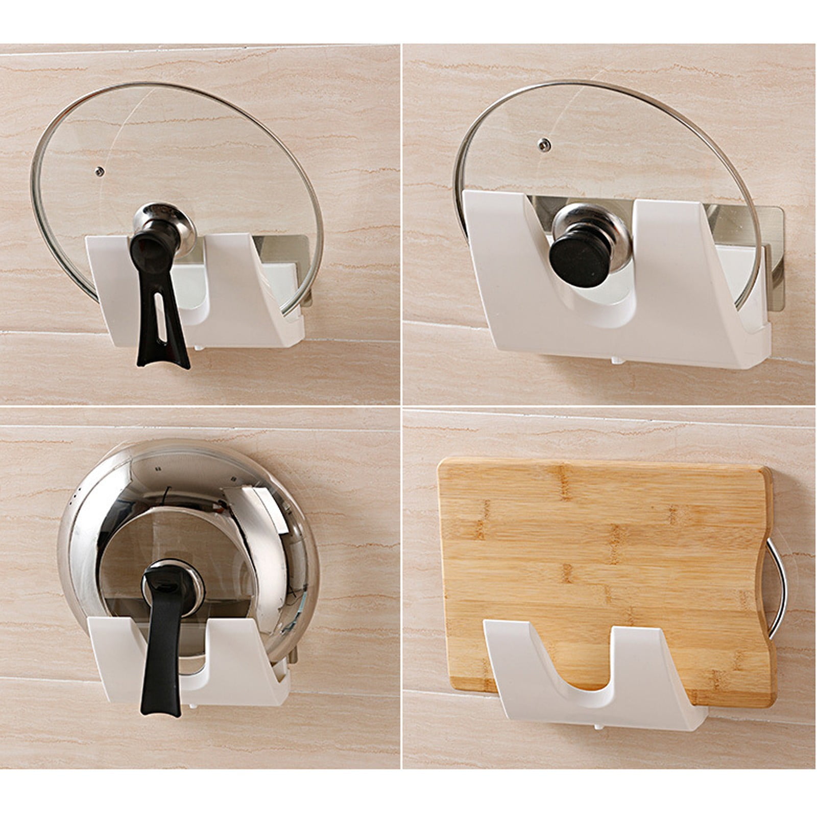 2 Supports Muraux Pour Couvercles De Casserole - Autoadhésif Ou Vissé - Gain De Place Dans La Cuisine - Chrome - 4
