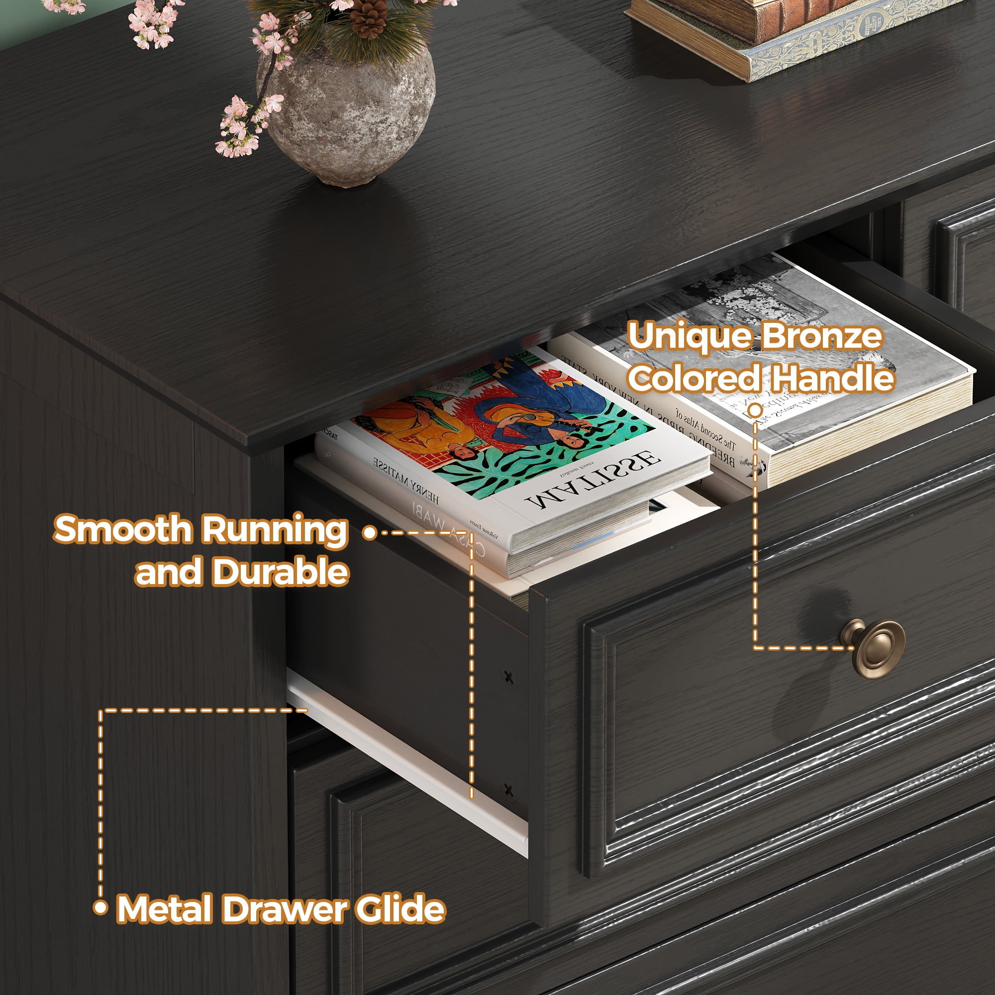 9 Drawer Chest of Drawers, Tall Storage Dresser Organizer, Modern Storage Cabinet Dresser Organizer Unit with Antique Bronze Round Handles for Living Room, Black