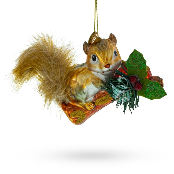 Squirrel on a Blossoming Branch Glass Christmas Ornament