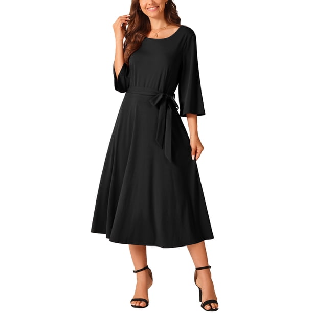 Vestido midi casual elegante de cuello redondo con campana de 3/4 y cintura ajustable con bolsillos de INSPIRE CHIC