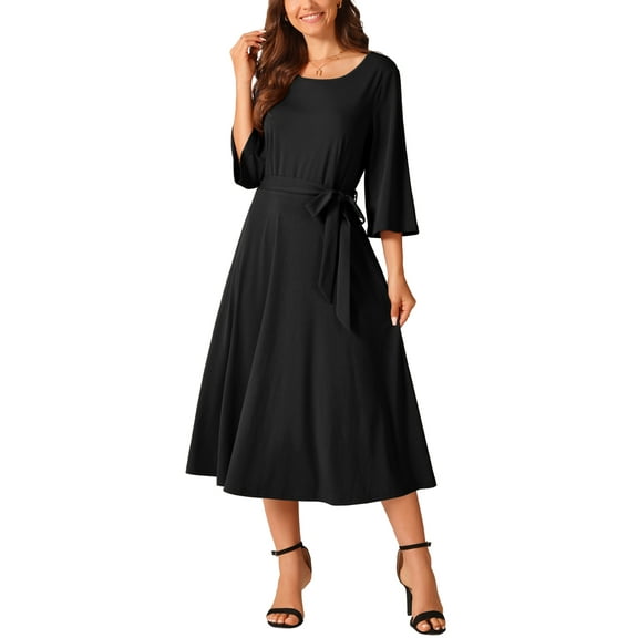 INSPIRE CHIC Women's Elegant Crewneck Bell 3/4 Sleeve Tie Waist Casual Midi Dress with Pockets