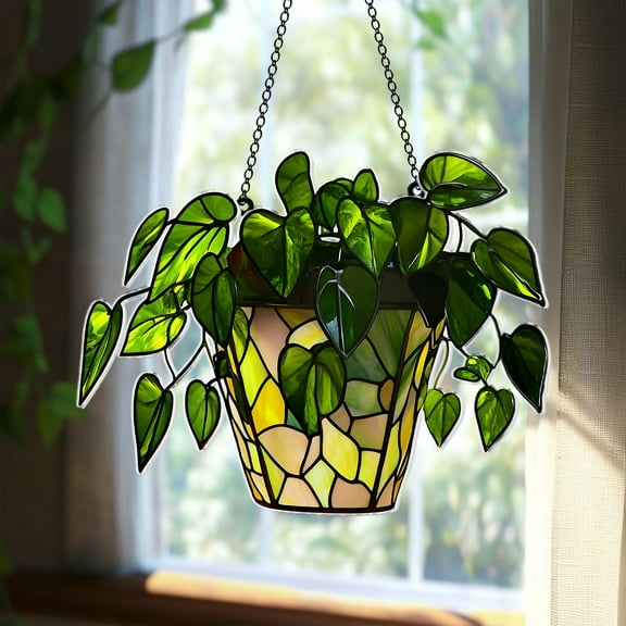 Pothos Leaves Faux Stained Acrylic Suncatcher, Acrylic Botanical Window Hanging, Monstera Plant Decor, Flower Wall Art, Perfect Gift for Mom