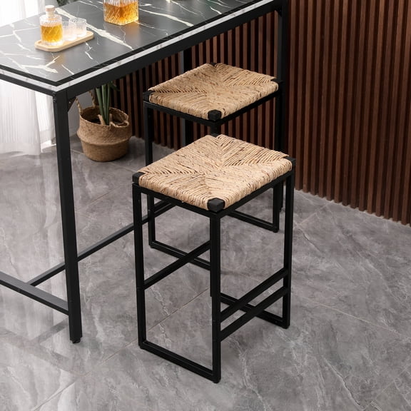 FFZ Set of 2 Water Hyacinth Bar Stools with Metal Frame and Footrest, 15.94 x 13.19 x 25.2 inch, Natural
