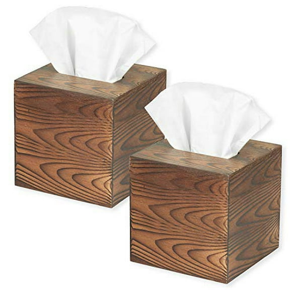 Ilyapa Wood Tissue Box Cover, 2 Pack Square - Rustic Farmhouse Wooden Tissue Holders
