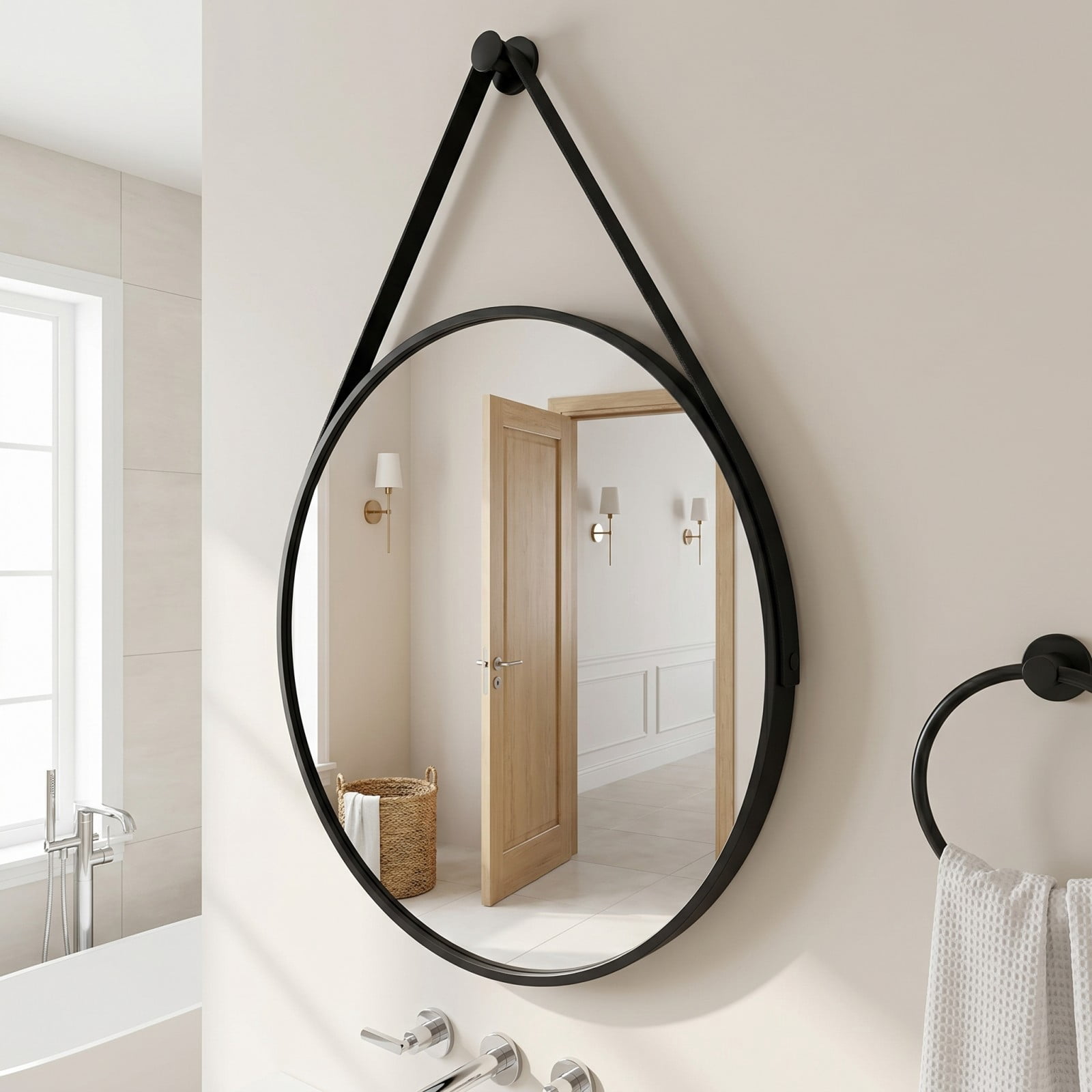 Gleamira 20" Wall Mounted Mirror Round Vanity Mirror with Leather Strap, Black