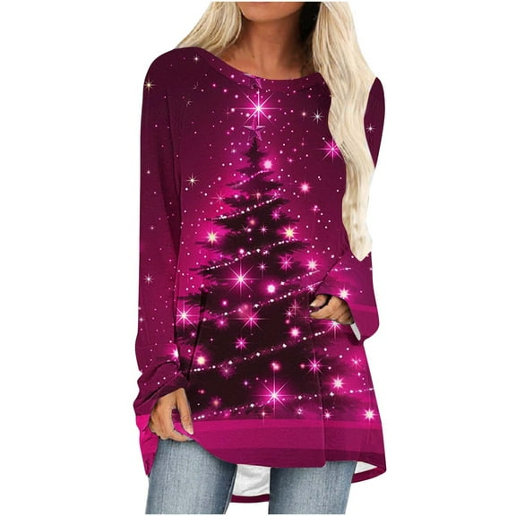 50% off Ugly Christmas Sweater! TMOYZQ Women's Long Sleeve Shirts Christmas Tree Print Fall Winter Pullover Sweatshirts Casual Loose Fit Lightweight Cozy Blouse for Xmas Holiday Parties