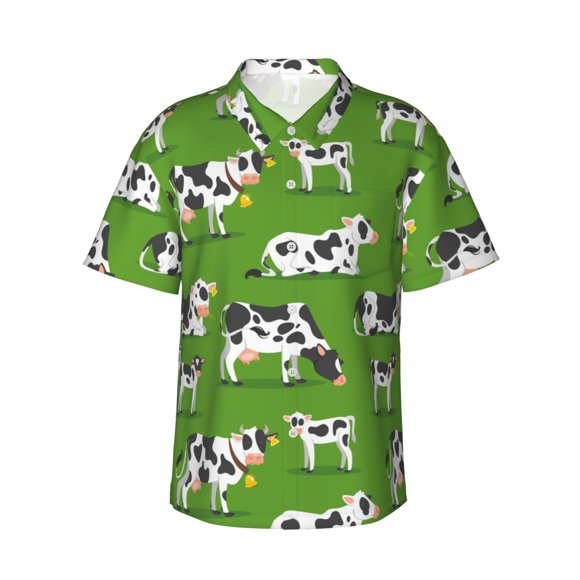Honeii Cows With Calfs Green Print Men’s Hawaiian Shirt,Classic Button-Down Short Sleeve Shirt, for Beach, Vacation, and Outdoor Activities,XX-Large