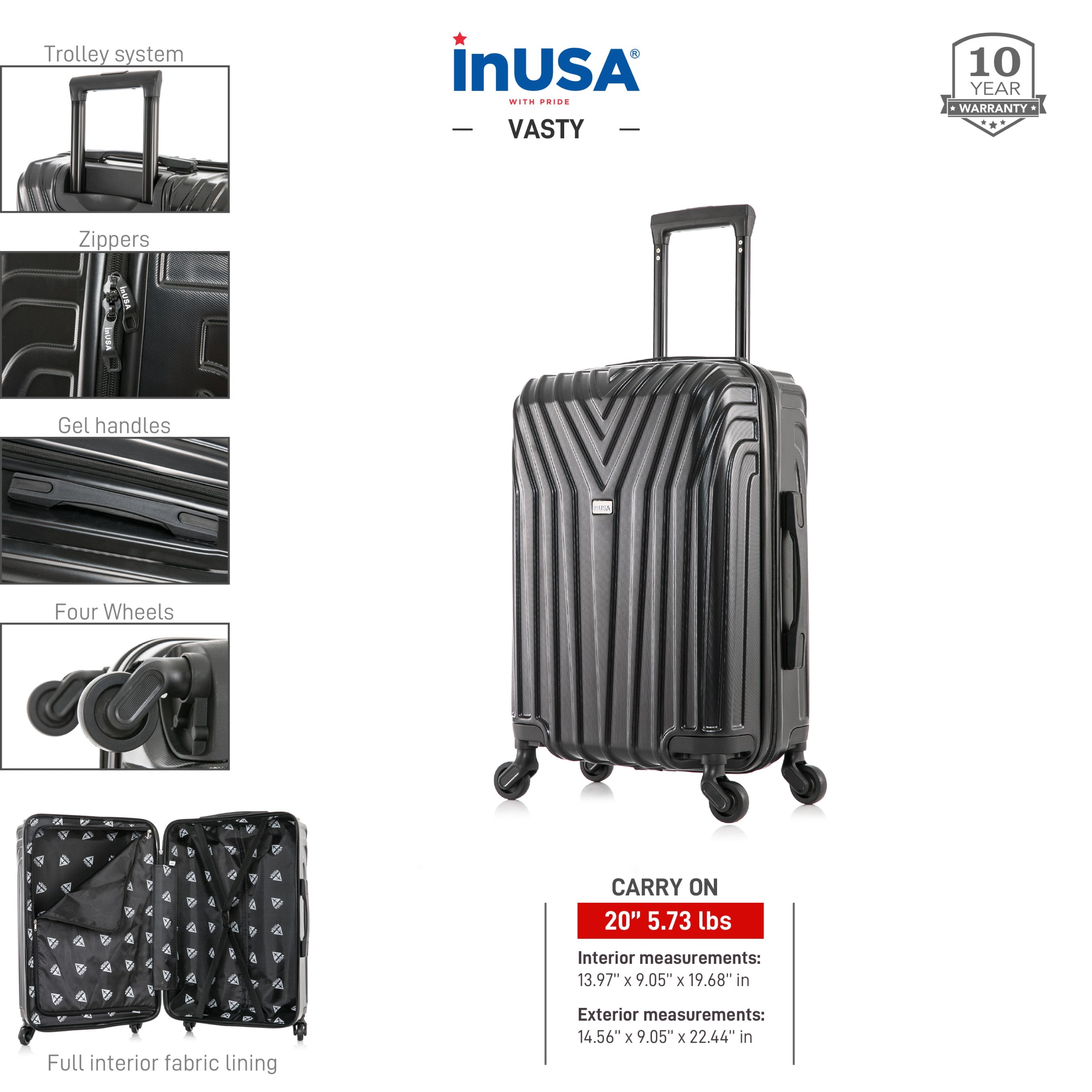 InUSA Vasty 20" Hardside Lightweight Luggage with Spinner Wheels, Handle, and Trolley, Black