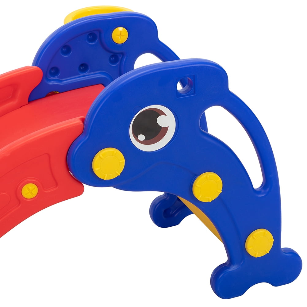 Kepooman Toddler Slide, Play Slide for Outdoor and Indoor, Dolphin Slide with Basketball Hoop, Ball and Ladder, Red and Blue Kepooman Toddler Slide, Play Slide for Outdoor and Indoor, Dolphin Slide with Basketball Hoop, Ball and Ladder, Red and Blue