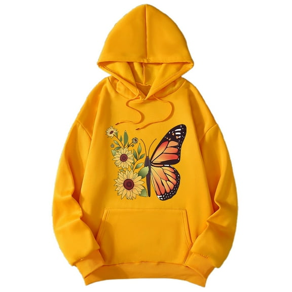 Fiaer Women's Hoodies Floral Printed Oversized Hooded Sweatshirts Long Sleeve Drawstring Drop Shoulder Baggy Tops with Pcoket Yellow XL