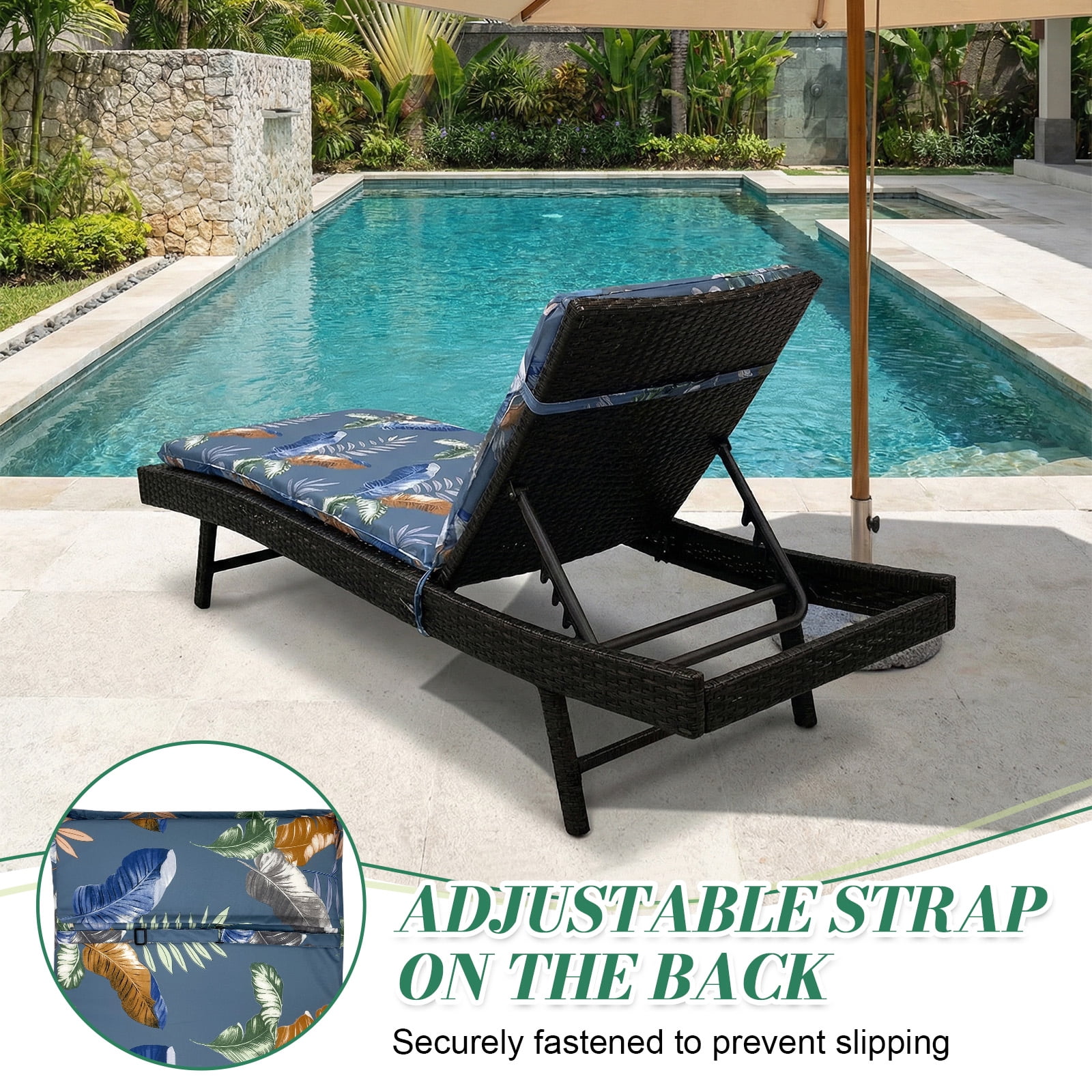 Eurhowing Outdoor Chaise Lounge Cushion 76"×23"×3", Waterproof Thick Patio Furniture Cushions with Straps, High-Density Foam Chair Pads for Poolside & Deck, 1 Pack, Blue Leaves