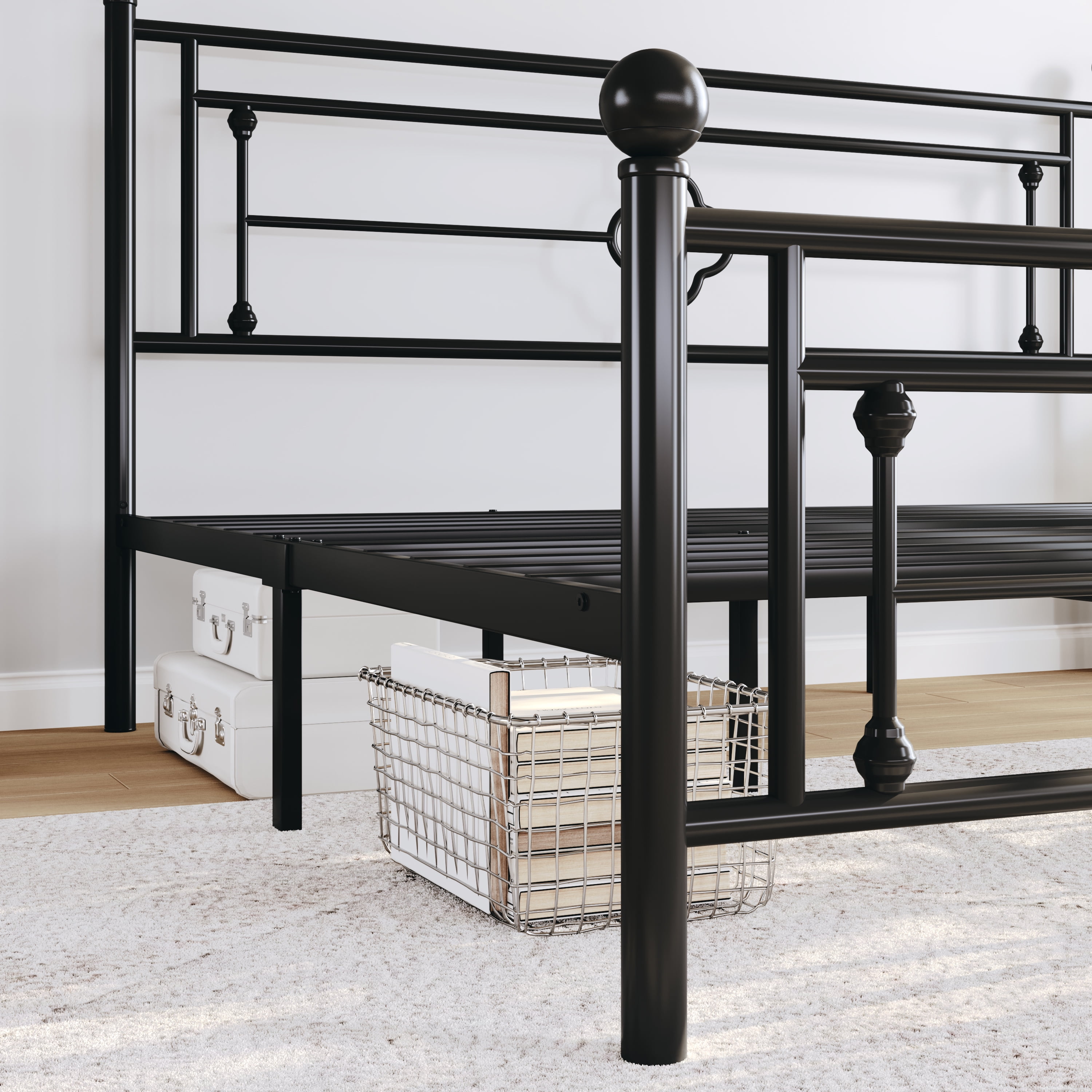 Sha Cerlin Black King Size Metal Platform Bed Frame with Victorian Vintage Headboard