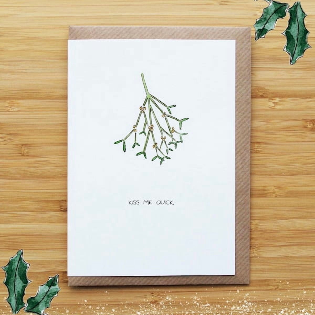 Mistletoe Christmas Greeting Card, Kiss Me Quick Holiday Note for Romantic Partner, Minimalist Watercolor Design with Kraft Envelope