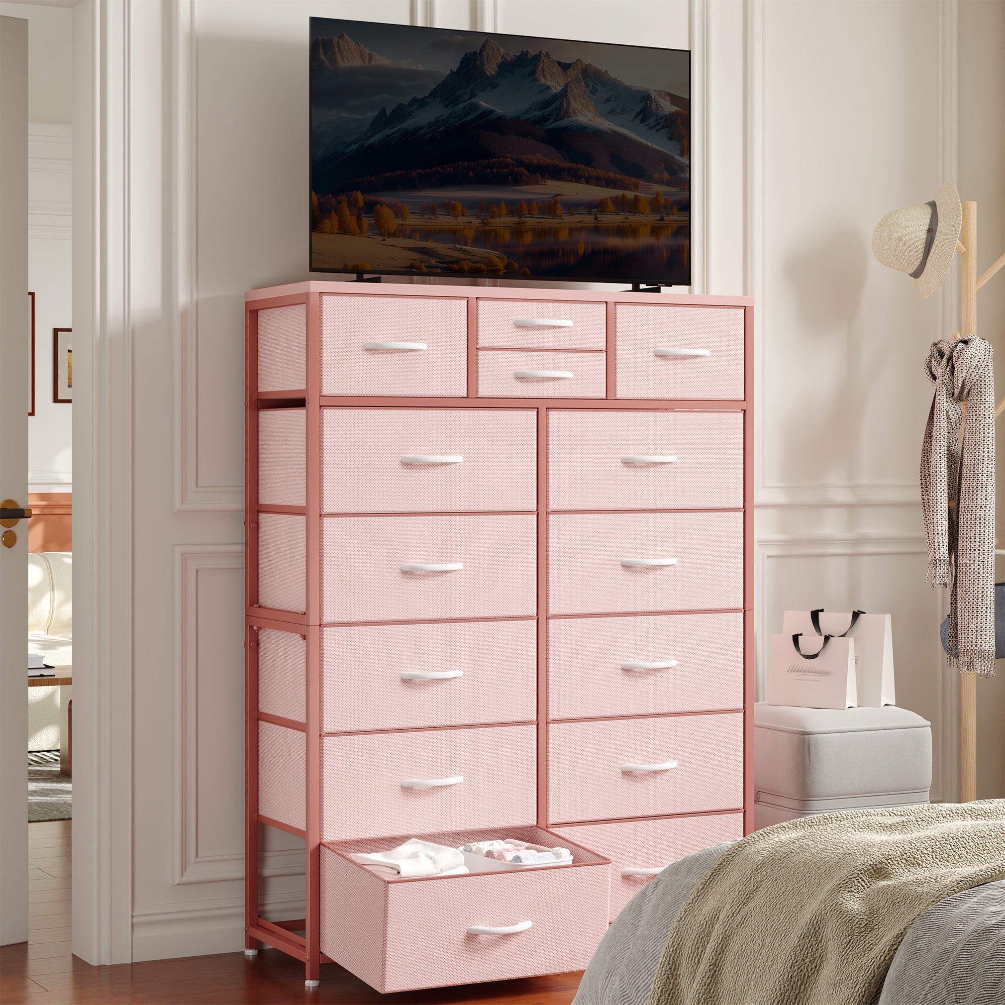 EnHomee Dressers for Bedroom with 14 Fabric Drawers Tall Dresser & Chests of Drawers Storage Tower for Living Room, Pink