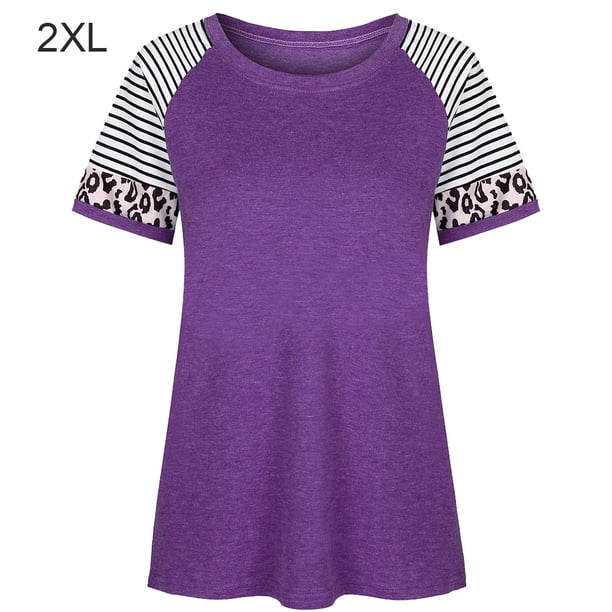 Camiseta de mujer con estampado de rayas, manga corta, blusa con cuello redondo, violeta, XXL kenally AP001776-20