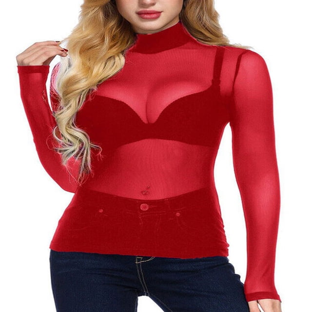 Chemises Transparentes pour Femmes Basiques à Manches Longues Hauts en Maille Transparente Col Roulé Blouse Crop Top