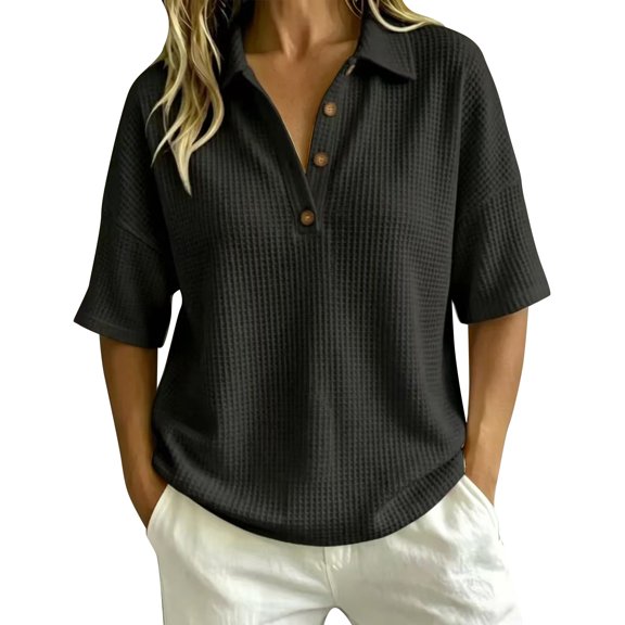 BODOAO Women's 2026 Short Sleeve V Neck Shirt, Collared Button Down Summer Tee Top, Business Casual Lightweight Blouse for Office Work, Travel and Daily Outfits Black L