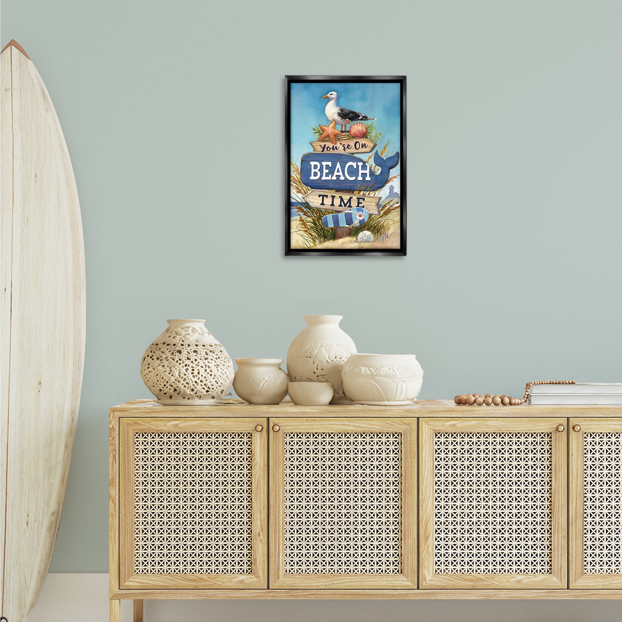 Stupell Industries On Beach Time Sign Nautical & Beach Painting Black Floater Framed Canvas Art Print Wall Art, 17 x 25