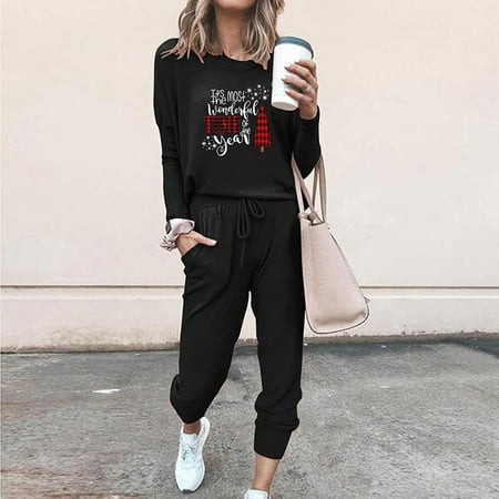 

AXXD Pajama Shorts Christmas Print Long Sleeve O-neck Sport Pullover Leisure Crop Tops + Pants Set Black Shorts for Women Black 8