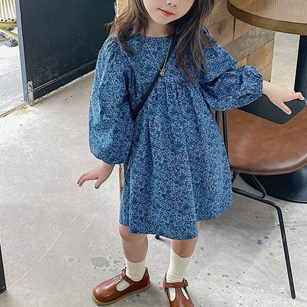 Homegardon Baby Girl Dress Girls Midi Dress Floral Long Sleeve Ruffle A-line Swing Casual Dresses with Pockets for Kids 2-7 Years Girls'Blue Floral