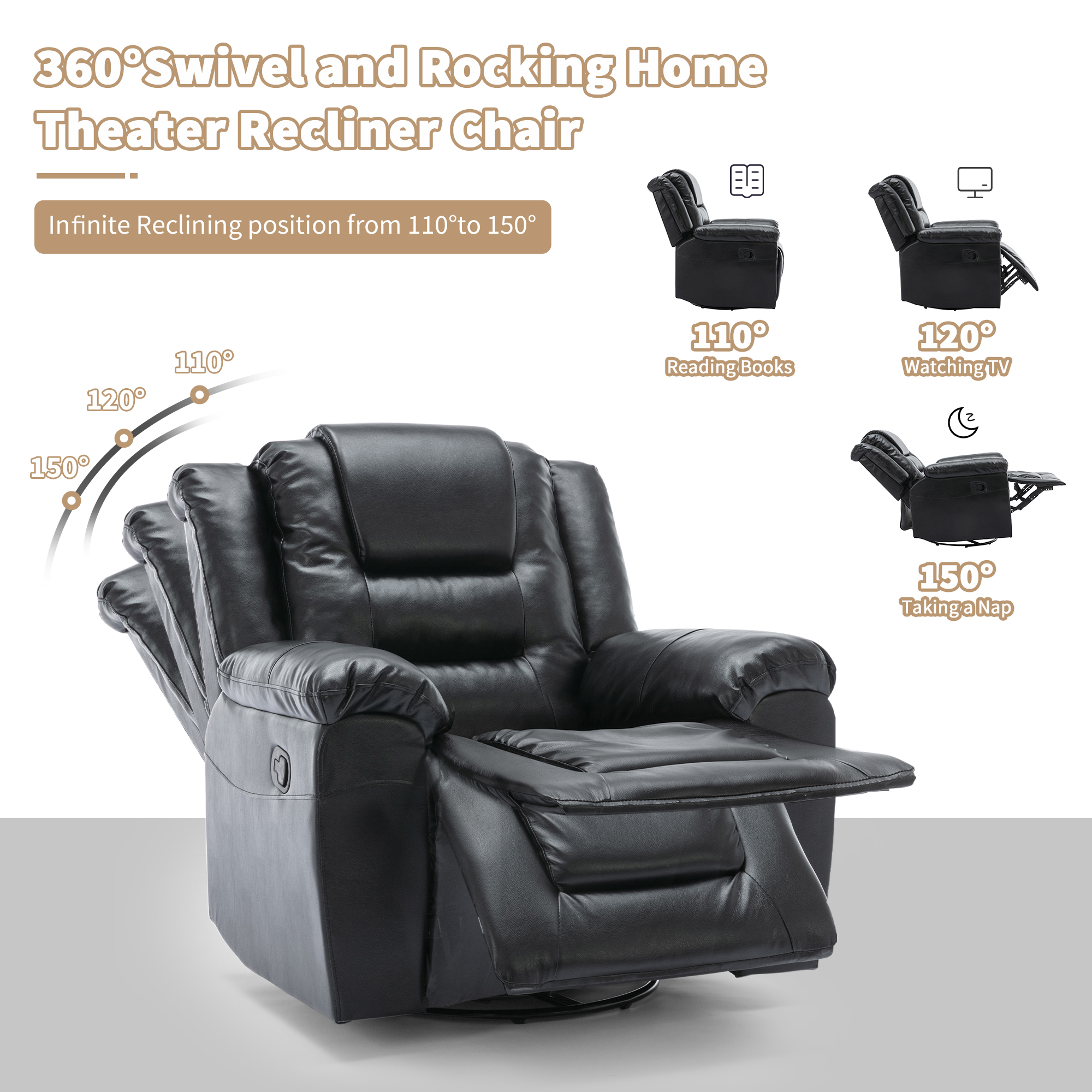 Euroco 360°Swivel and Rocking Home Theater Recliner Manual Recliner Chair with Wide Armrest for Living Room,Bedroom, Black