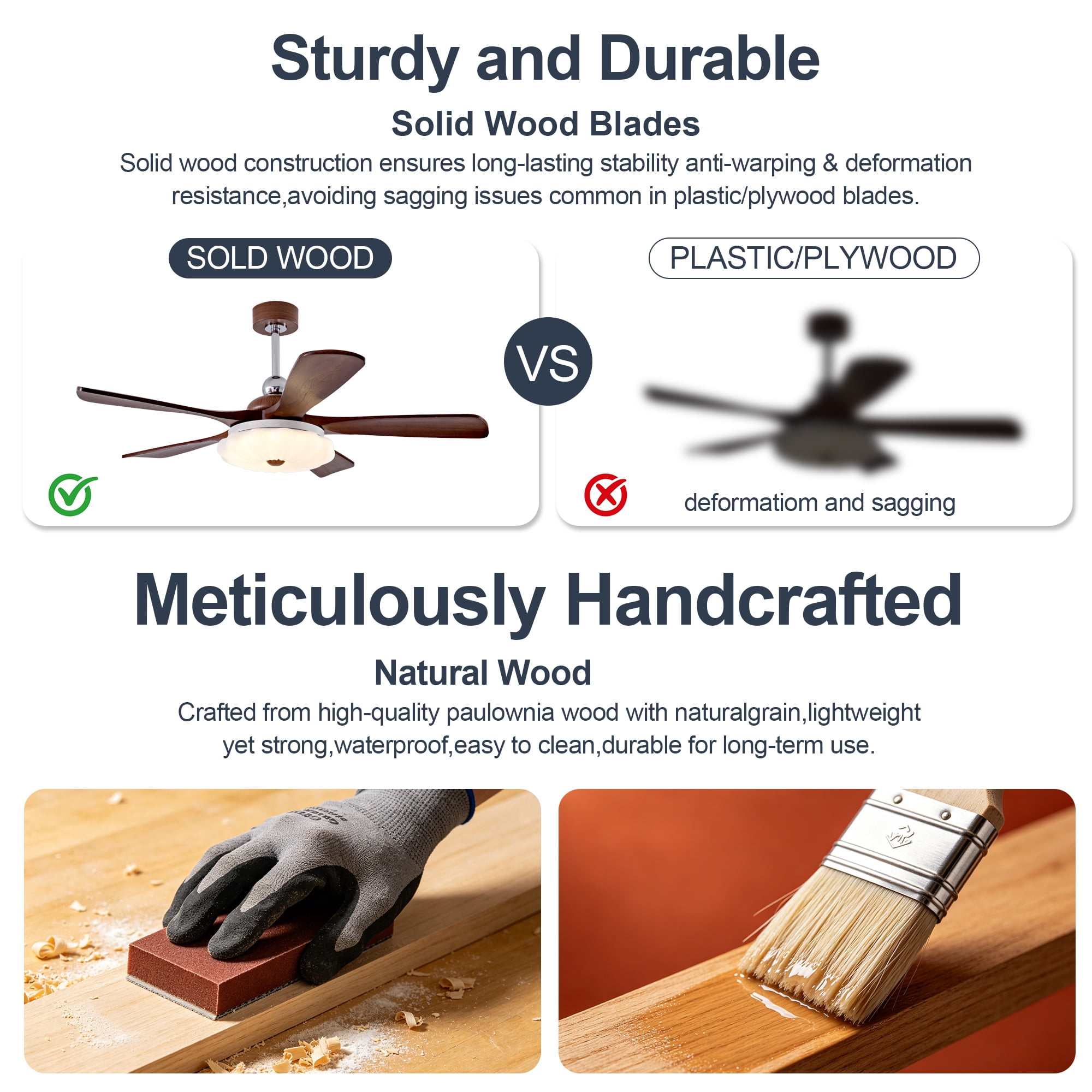 Ceiling Fan 52 Inch with 5 Solid Wood Blades and Light, Remote Control Ceiling Fan and LED Light Fixture with Reversible DC Motor for Living Room, Walnut