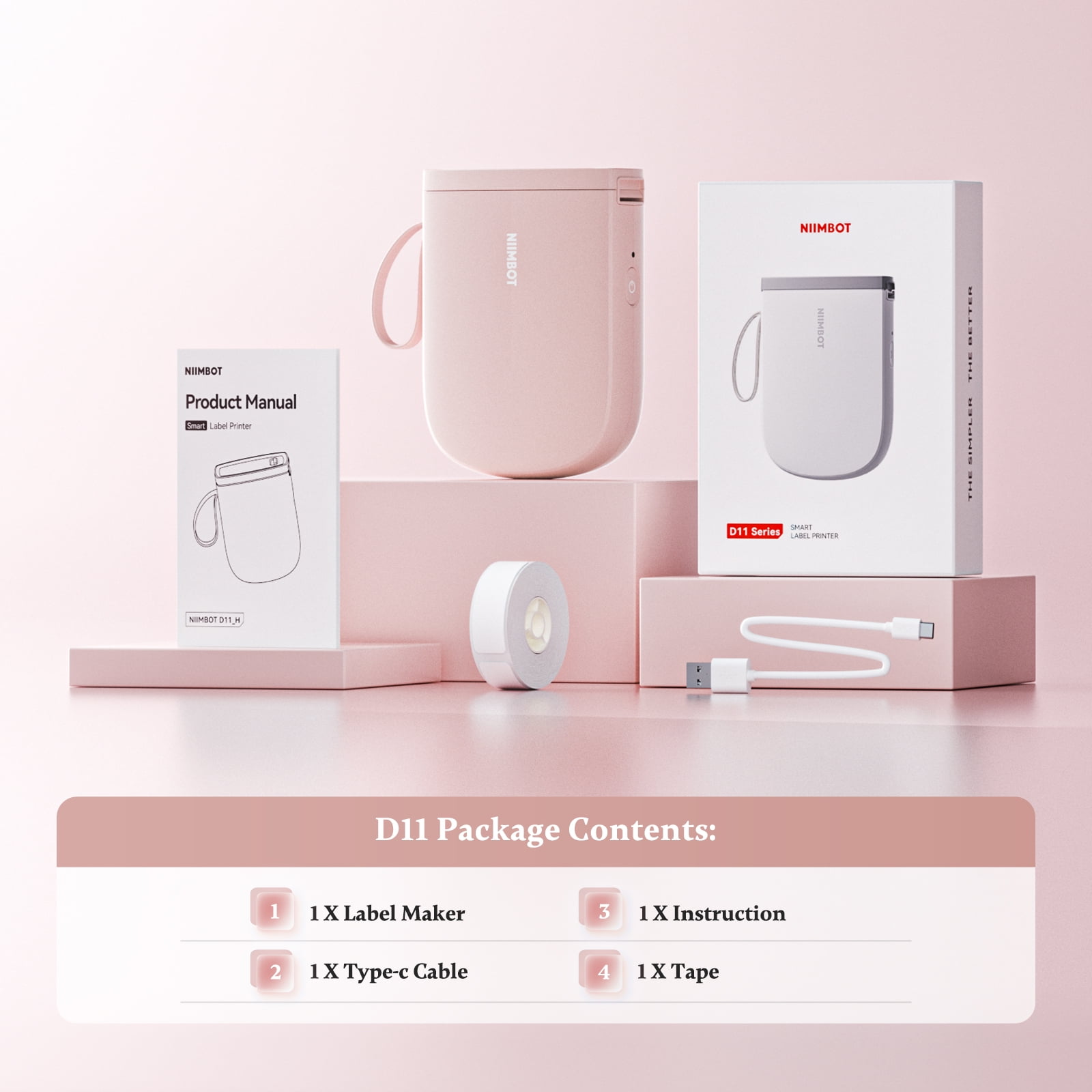 NIIMBOT D11 Upgraded HD 300 dpi Label Maker Mini Bluetooth Wireless Label Printer Inkless Labeler Rechargeable（Pink)
