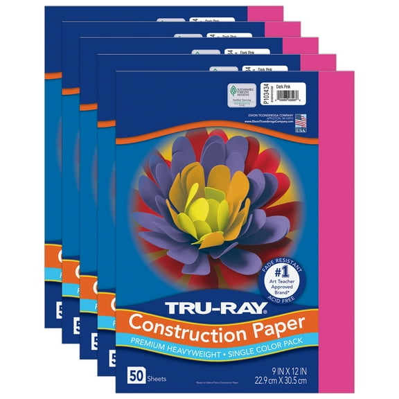 Tru-Ray Construction Paper, Heavyweight, Dark Pink, 9" x 12", 50 Sheets Per Pack, 5 Packs