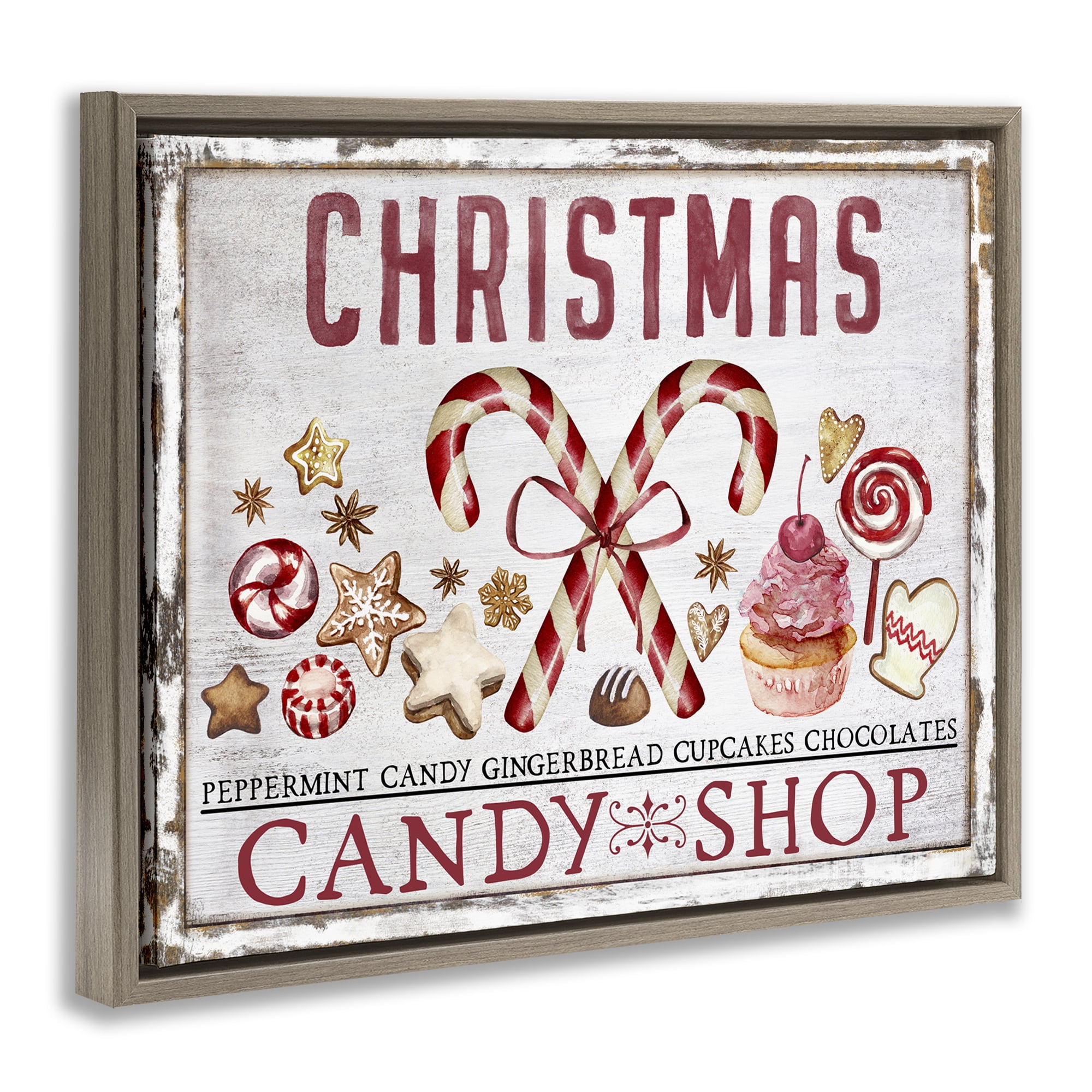 Stupell Industries Candy Shop Christmas Holiday Painting Brown Floater Framed Canvas Art Prints Wall Art, 21 x 17