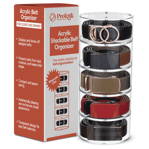 PROKTIK Belt Organizer Acrylic - 5 Layer Stackable Belt Storage for Closet with Magnet Connection