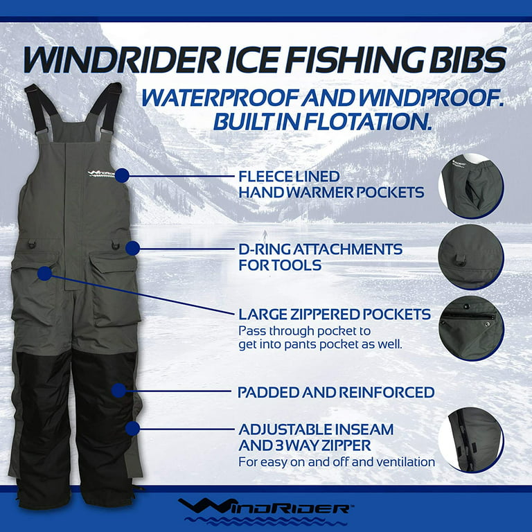 WindRider Ice Fishing Suit, Insulated Bibs and Jacket, Flotation, Tons  of Pockets, Adjustable Inseam, Reflective Piping
