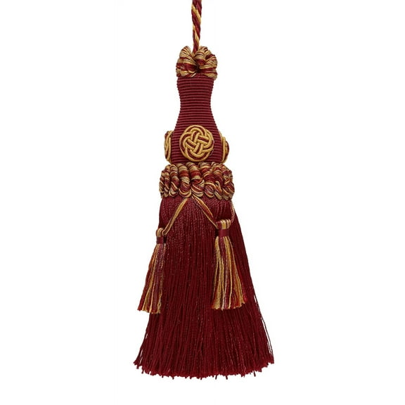 Elegant 6" (15cm) Key Tassel, 4" (10cm) Loop accented with Rosette and Tassels # BKT,, Autumn Leaves Red #5716 (Burgundy Red, Apple Green, Light Gold) Sold Individually