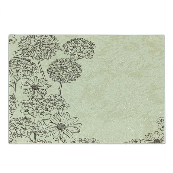 Floral Vintage Cutting Board, Blooming Plantation Drawn by Hand in Retro Style, Decorative Tempered Glass Cutting and Serving Board, in 3 Sizes, by Ambesonne