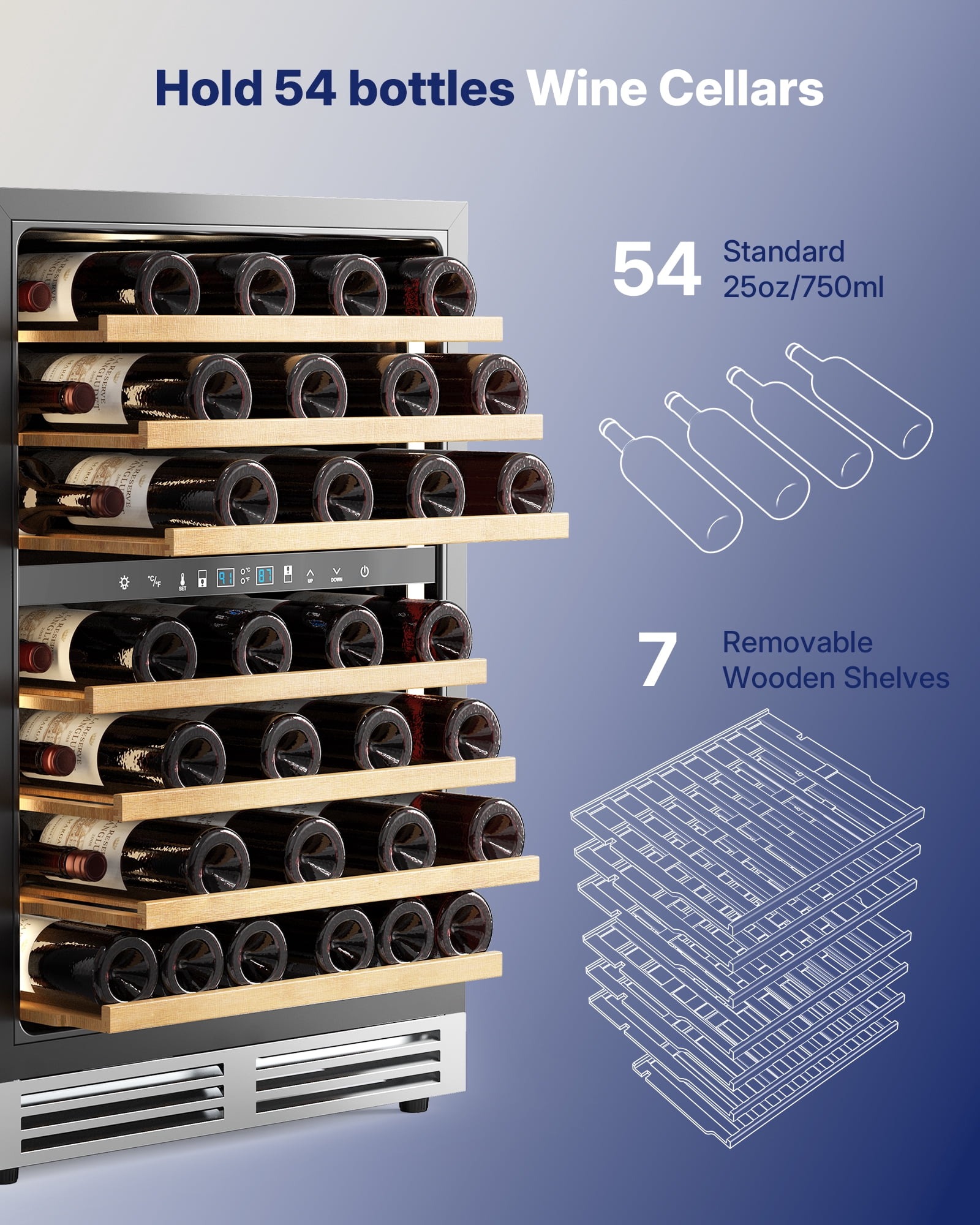 Upstreman 24" Wine Cooler Refrigerator, 54 Bottle Wine Fridge Dual Zone Wine Chiller Built-in or Freestanding Beverage Refrigerator with Glass Door, W54