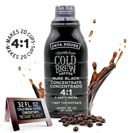 JAVA HOUSE COLD BREW COFFEE CONCENTRATE – PREMIUM 100% ARABICA BLACK COLD BREW – SMOOTH FLAVOR WITH MOLASSES AND COCOA NOTES – 32OZ BOTTLE (MAKES 20 CUPS) – 4:1 CONCENTRATE, SERVE HOT OR ICED