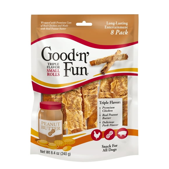 Good ’n’ Fun Triple Flavor Small Rolls with Peanut Butter, Rawhide Chews for All Dogs, 8 Count