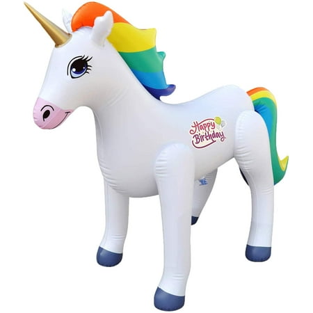 Jet Creations Inflatable Standing Rainbow Unicorn with Happy Birthday Imprint, 40" Long Pool Party Decoration Birthday Stuffed Animal