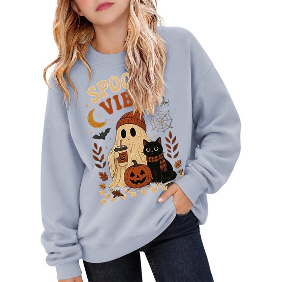 ZHOGXU Halloween Themed Girls Ghost Pumpkin Cat Print Pullover Sweatshirt Long Sleeve O Neck Top For Kids Casual School Loose Fit Everyday Wear,Light Gray,3-4 Years