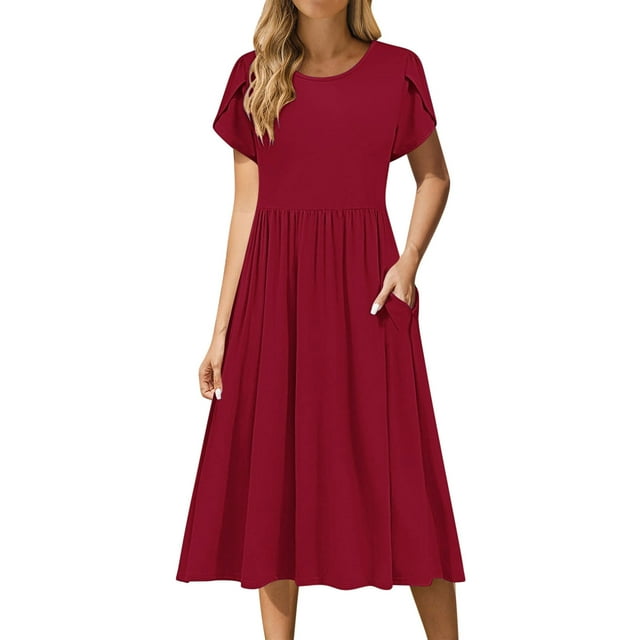 yoeyez Maxi Robes d'Été pour Femmes 2025 Été Petite Pétale Manches Courtes Robes Midi avec Poches Couleur Unie Col Ras du Cou Plissée Robe Soleil Fluide Plage Boho Robe Rouge,TTG