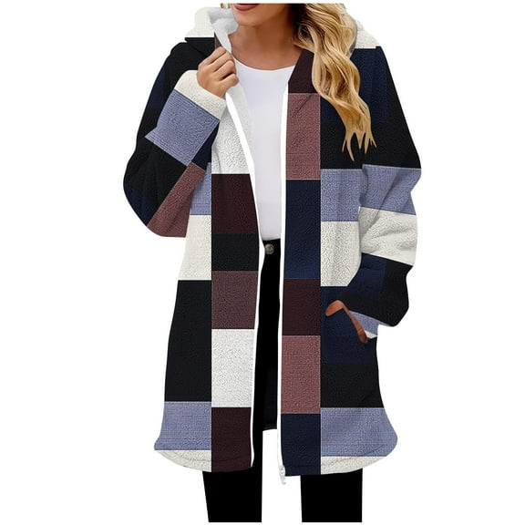 Womens Winter Plush Jackets Hooded Front Zip Color Block Long Cardigan Thermal Comfy Stylish Outwear With Pockets (XL, Khaki-A)