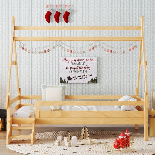 Twin Size House Floor Bed with Stairs, Teepee Floor Bed with Haning Rack, Montessori Floor Bed with Fence, Wood House Bed with Slats, Natural