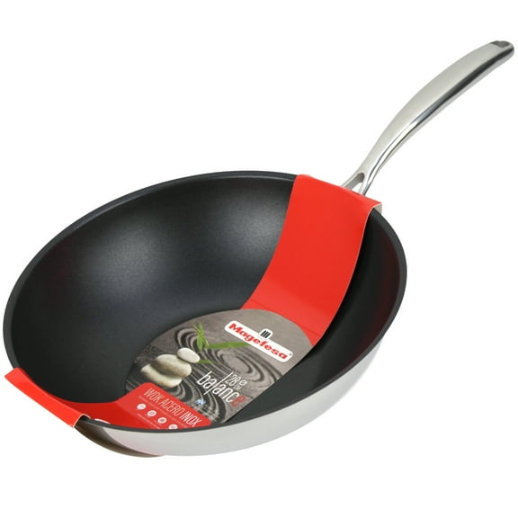 MAGEFESA Balance 11" Stainless Steel Wok – 3-Layer Heat-Diffusing Bottom, Non-Stick Coating, Riveted Stainless Steel Handle, Induction & Oven Safe, Easy-Serve Rim, Polished Exterior