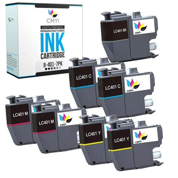 CMYi LC401 Combo Pack of 7 Ink Cartridges compatible for Brother LC401 - DCP-J1050DW, J1140DW, J1800DW, MFC-J1010DW, J1012DW, J1170DW, J1800DW (1 Black, 2 Cyan, 2 Magenta, 2 Yellow)
