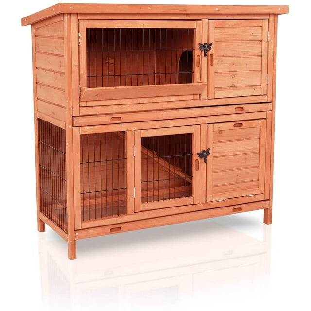 LAZY BUDDY Rabbit Hutch Wooden Rabbit Cage Indoor Outdoor Backyard Bunny Small Animal Cage with Waterproof Roof & Removable Tray