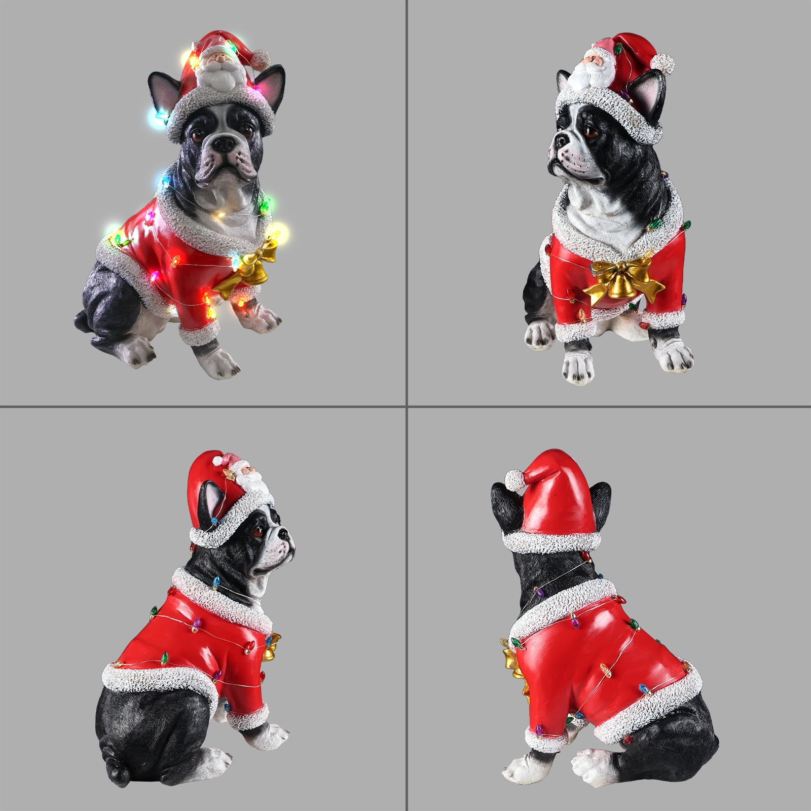 French Bulldog Santa Outfit Christmas Dog Statue with Santa Hat Bulb Accents Holiday Tabletop Decor