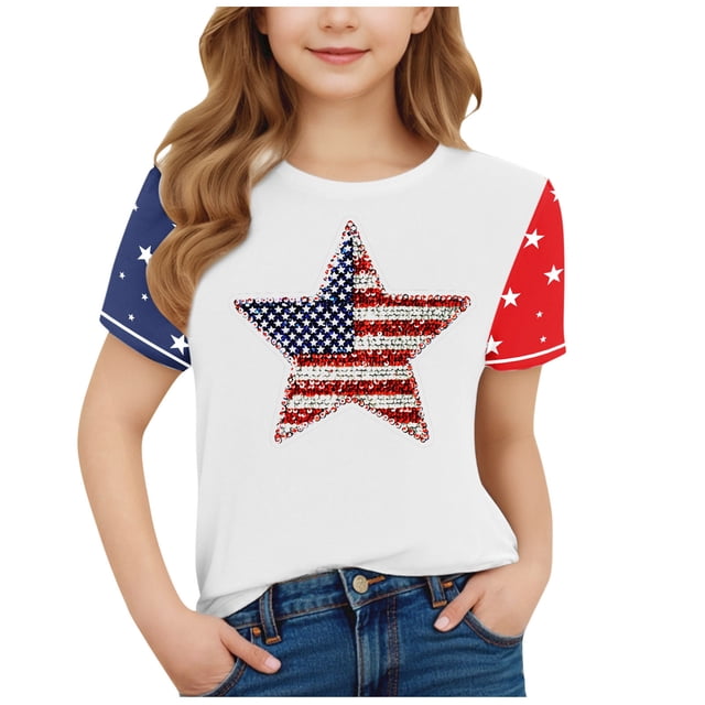 T-shirt de la Fête de l'Indépendance pour Enfants, Manches Courtes Col Rond Imprimé Graphique, 95 % Polyester 5 % Spandex, Tissu Doux et Respirant, Tenue Toutes Saisons, Convient aux Âges de 3 à 14 Ans